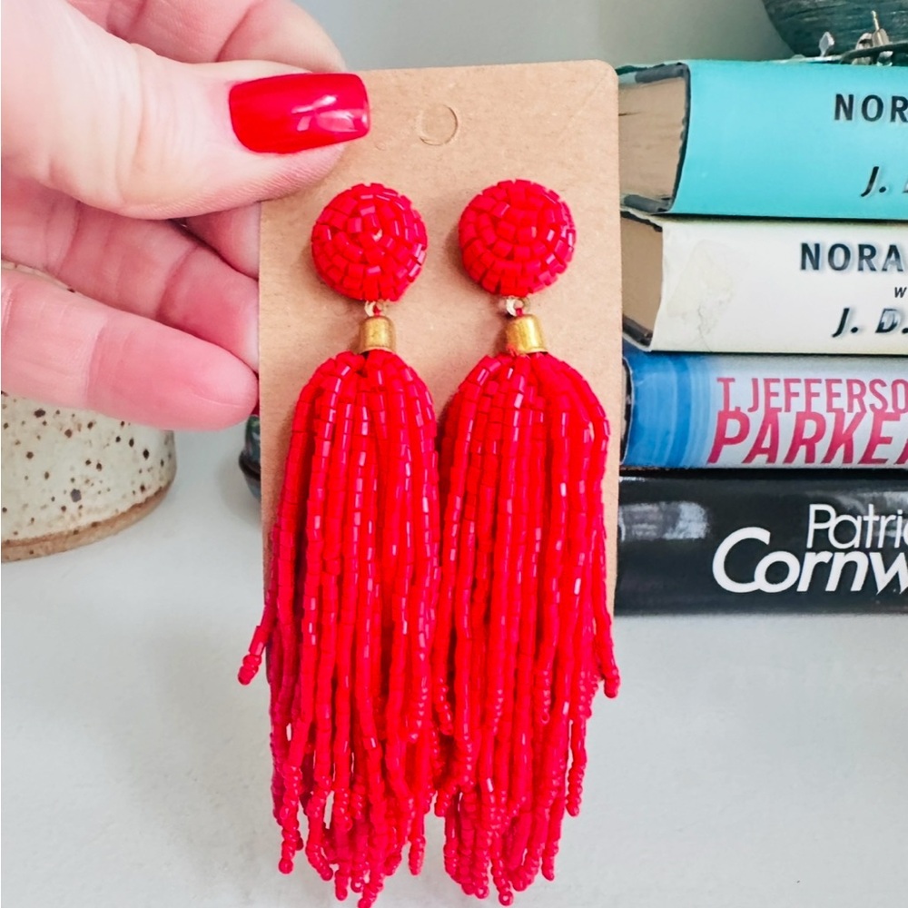 Elegant Red Beaded Tassel Earrings